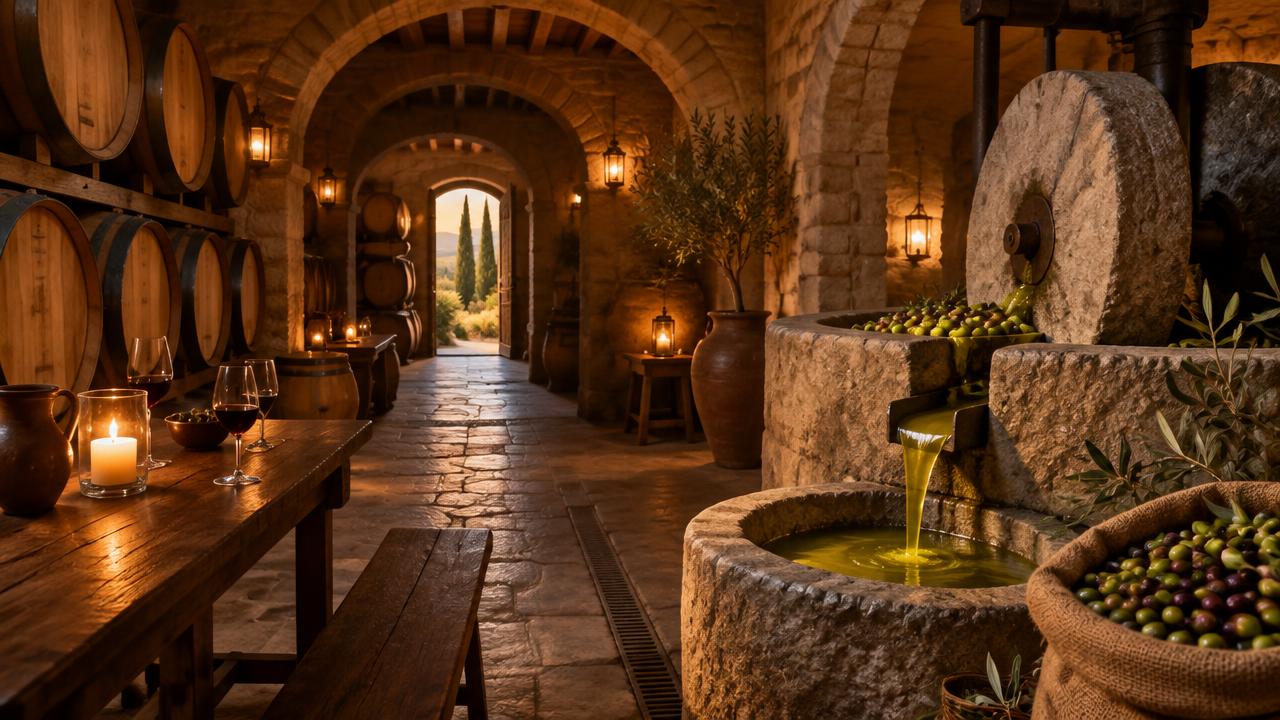 Bodega con barricas y almazara tradicional de aceite