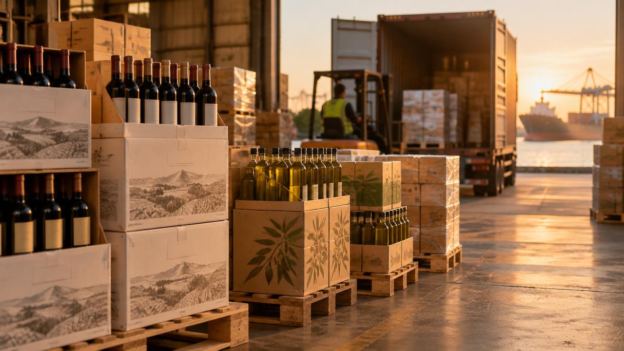 Palés de vino y aceite español listos para exportar